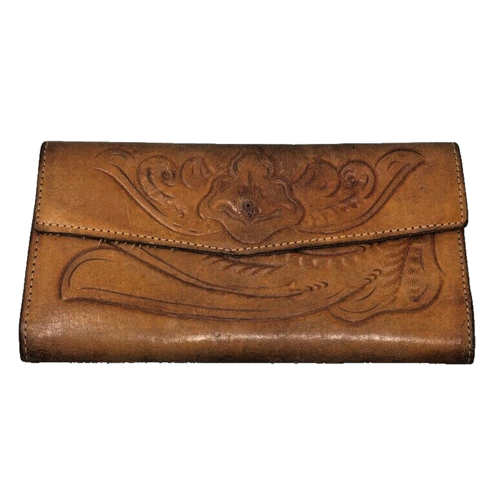 Vintage Tan Leather Hand Tooled Clutch Wallet From Paraguay Floral‎ 7" x 4"